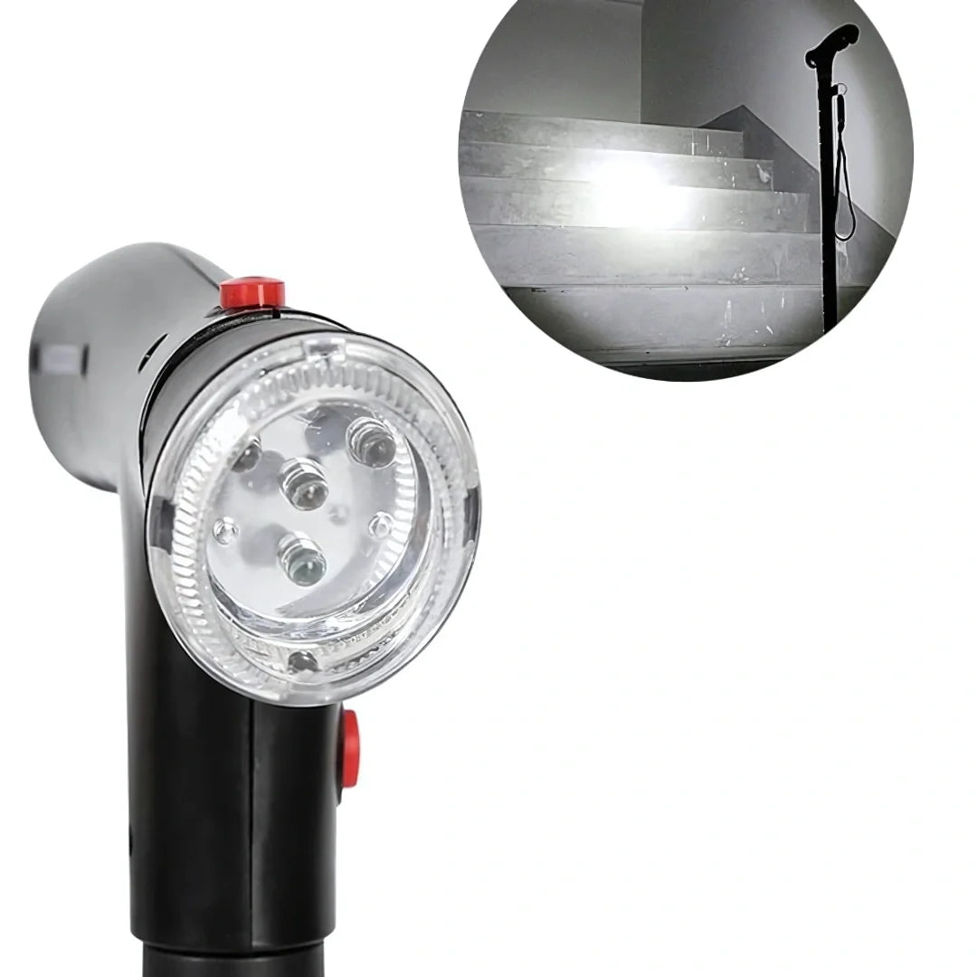 Sammenklappelig gangstok med LED-lys og alarm