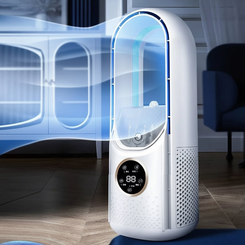 Transportabel aircondition med fordampningskøling og bladløs ventilator